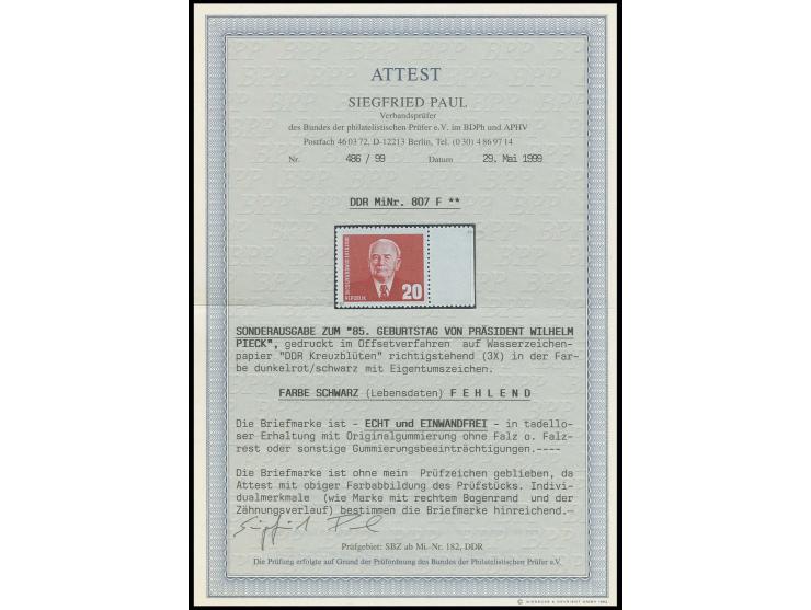 1961, Pieck 20 Pfg. mit fehlender Farbe schwarz, postfrisches rechtes Randstück, Privatsignatur sowie Fotoattest Paul BPP (Mi