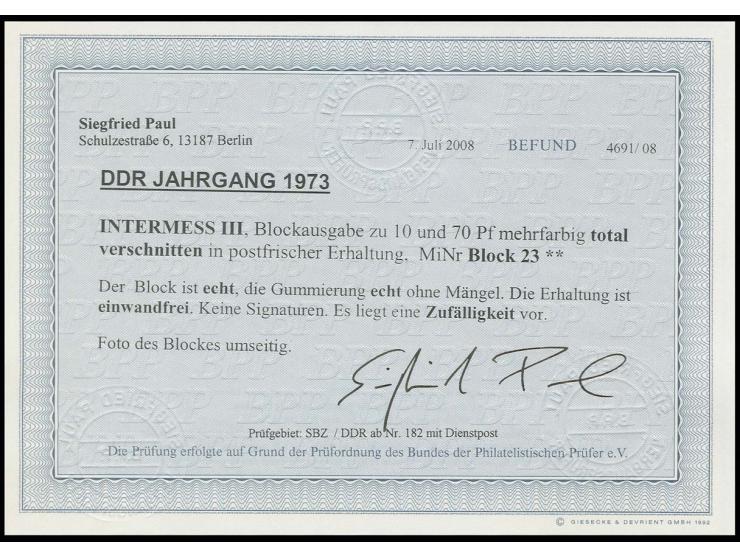 1965, Intermess-Block total verschnitten, postfrisch, Fotobefund Paul BPP