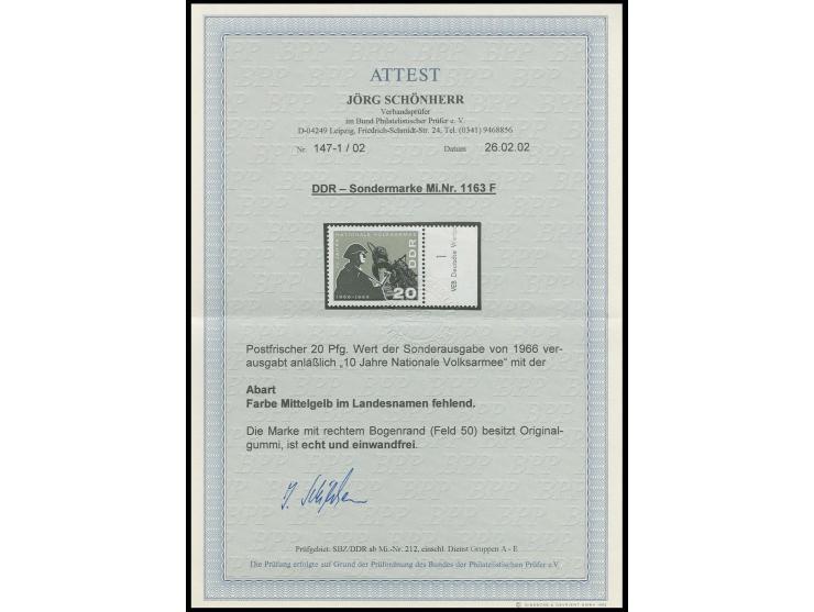 1966, Nationale Volksarmee 20 Pfg. mit fehlender Farbe mittelgelb, postfrisches rechtes Randstück, Fotoattest Schönherr BPP (