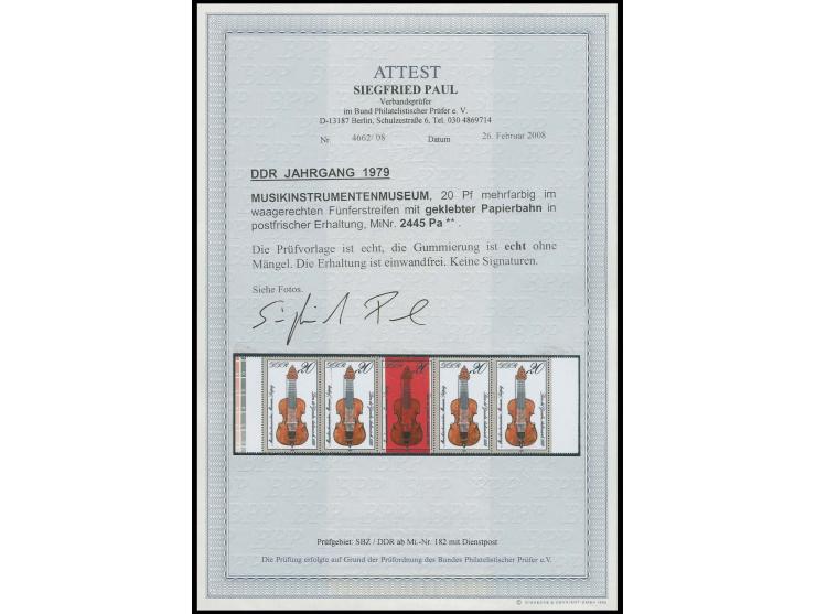 1979, Musikinstrumente 20 Pfg. im waagerechten 5er-Streifen, dabei die mittlere Marke auf geklebter Papierbahn mittels eines 