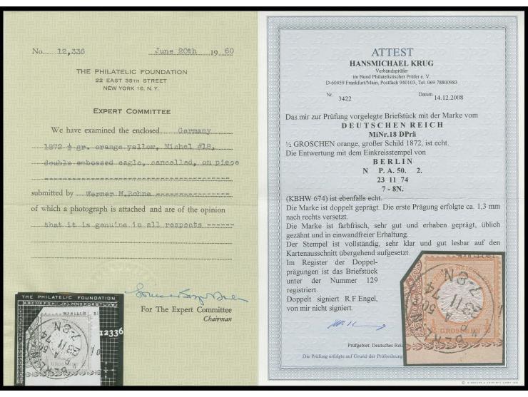 ½ Gr. orange mit EKr. "BERLIN P.A. 50 23 11 74" auf Briefstück mit doppelter Prägung, Pracht, Register-Nr. 129, Fotoatteste P