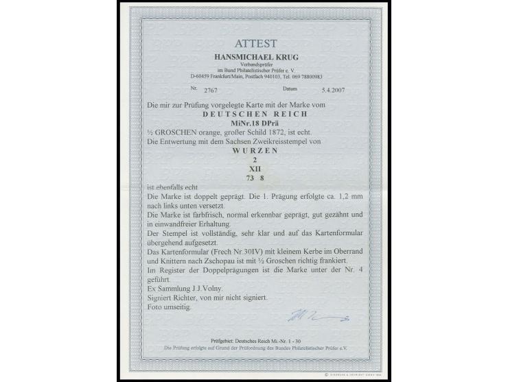½ Gr. orange mit Sachsen-DKr. "WURZEN 2 XII 73" auf Postkarte nach Zschopau mit ca. 1,2 mm nach links unten versetzter Doppel