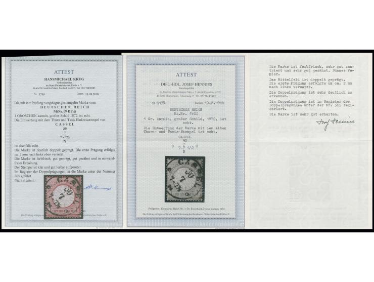 1 Gr. karmin mit T&T-EKr. "CASSEL 30 7" mit ca. 2 mm nach links oben versetzter Doppelprägung, Register-Nr. 365, Kabinett, Fo