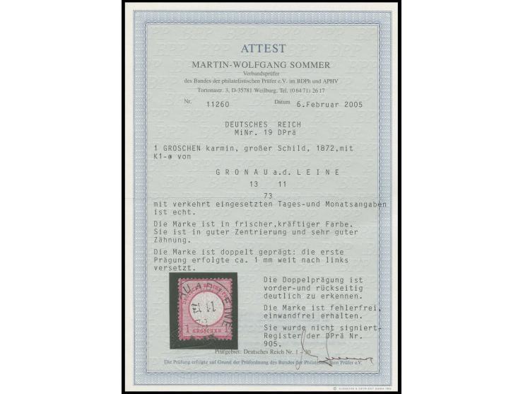1 Gr. karmin mit um 1 mm nach rechts versetzter Doppelprägung, sauber gestempelt mit EKr. "GRONAU a.d.LEINE 13.11.73" (Tages-