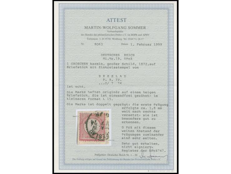 1 Gr. karmin mit um 1,8 mm nach rechts versetzter Doppelprägung und im kleinerem Format L 15 auf Briefstück mit übergehendem 