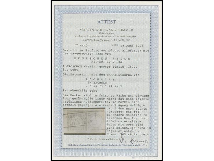 1 Gr. karmin im waagerechten Paar mit Ra3 "ROCHLITZ / I/SACHSEN / 7 12 74" auf Briefstück mit um ca. 1,6 mm nach rechts verse