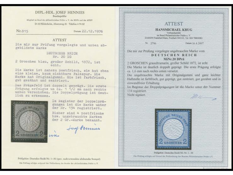 2 Gr. grauultramarin ungebraucht mit ca. 1,6 mm nach rechts unten versetzter Doppelprägung, Kabinett, Register-Nr. 134, Fotoa