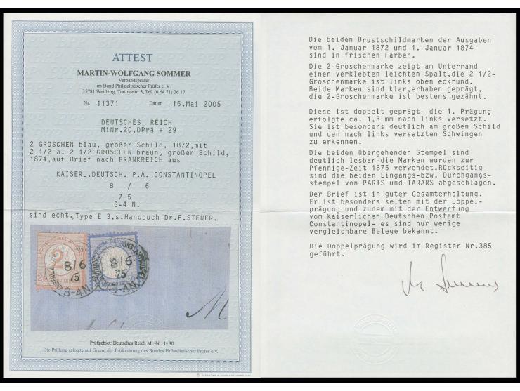 2 Gr. grauultramarin und 2½ auf 2½ Gr. braunorange mit EKr. "KAISERL. DEUTSCH. P. A. CONSTANTINOPEL 8/6 75" auf Faltbrief nac