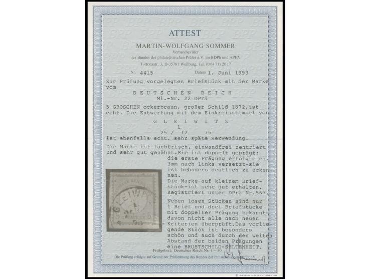 5 Gr. ockerbraun mit Postamts-Nummernstempel "GLEIWITZ 1 25/12 75" auf Briefstück mit ca. 3 mm nach links versetzter Doppelpr