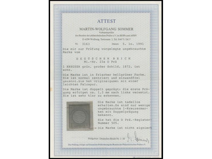 1 Kr. gelblichgrün, ungebraucht mit ca. 1,3 mm nach links versetzter Doppelprägung, es sind nur wenige ungebrauchte 1 Kr.-Mar