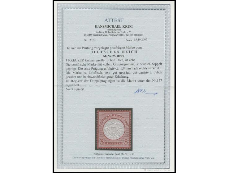 3 Kr. karmin, postfrisch mit um ca. 1,8 mm nach rechts unten versetzter Doppelprägung, Kabinett, postfrische Marken mit Doppe