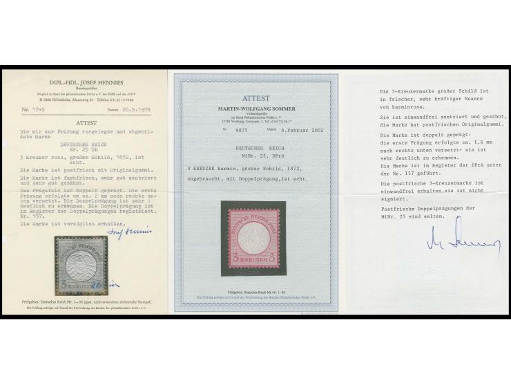 3 Kr. karmin, postfrisch mit ca. 1,6 mm nach rechts unten versetzter Doppelprägung, Kabinett, Register-Nr. 157, postfrische D