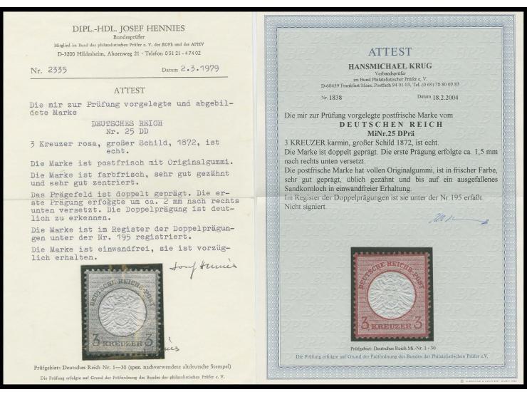 3 Kr. karmin, postfrisch mit um ca. 1,5 mm nach rechts unten versetzter Doppelprägung, bis auf ein ausgefallenes Sandkornloch