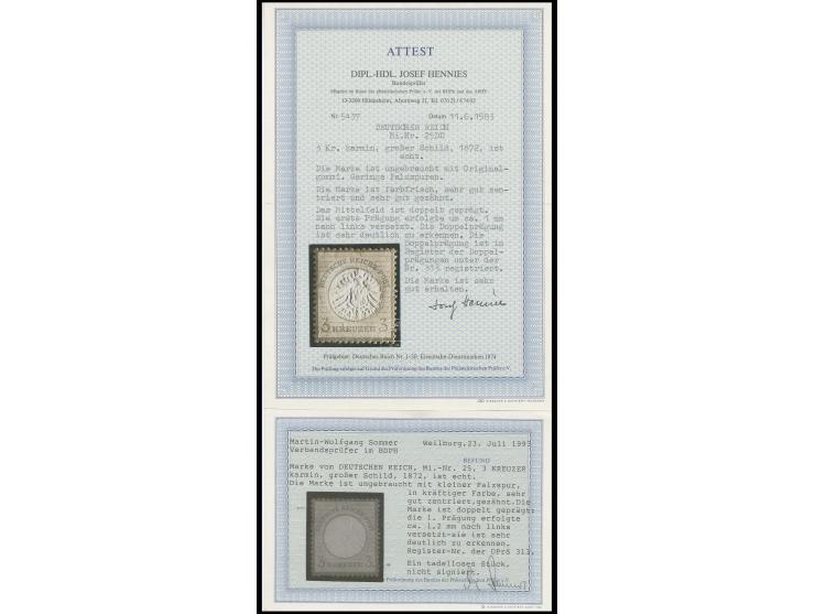 3 Kr. karmin, farbrisch, sehr gut zentriert und gezähnt sowie mit um 1,2 mm nach links versetzter Doppelprägung, ungebraucht,