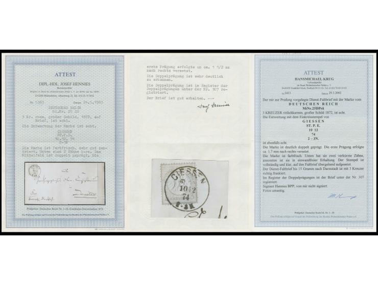 3 Kr. karmin mit EKr. "GIESSEN ST. P. E. 10 12 74" mit um ca. 1,7 mm nach rechts versetzter Doppelprägung auf Dienstfaltbrief