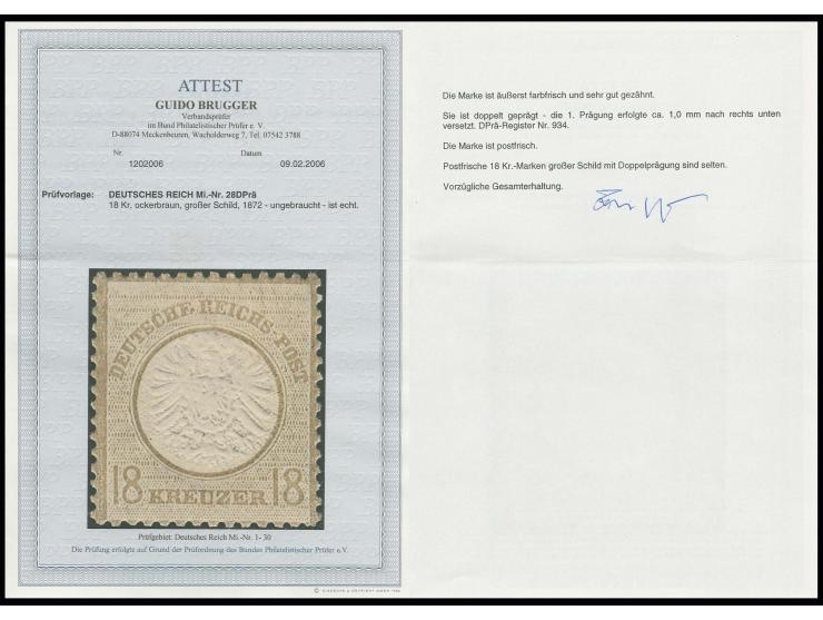 18 Kr. ockerbraun, postfrisch mit um ca. 1 mm nach rechts unten versetzter Doppelprägung, Register-Nr. 934, Kabinett, postfri