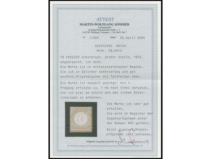18 Kr. ockerbraun, ungebraucht mit um ca. 1 mm nach links versetzter Doppelprägung, Register-Nr. 893, Kabinett, Fotoattest So