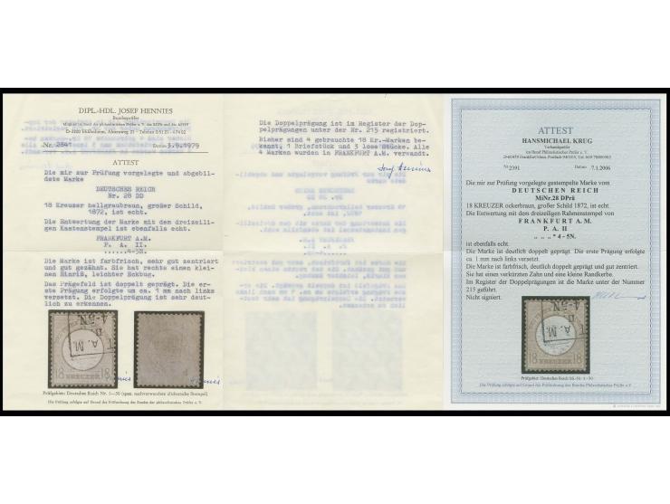 18 Kr. ockerbraun mit Ra3 "FRANKFURT A. M. / P. A. II / ... /" mit um ca. 1 mm nach links versetzter Doppelprägung, ein Zahn 
