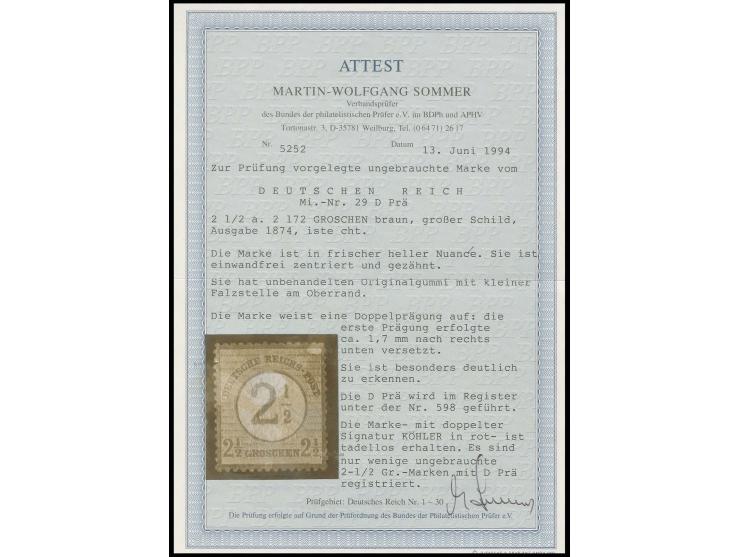 2½ auf 2½ Gr. braunorange, ungebraucht mit um ca. 1,7 mm nach rechts versetzter Doppelprägung, Register-Nr. 598, Kabinett, si