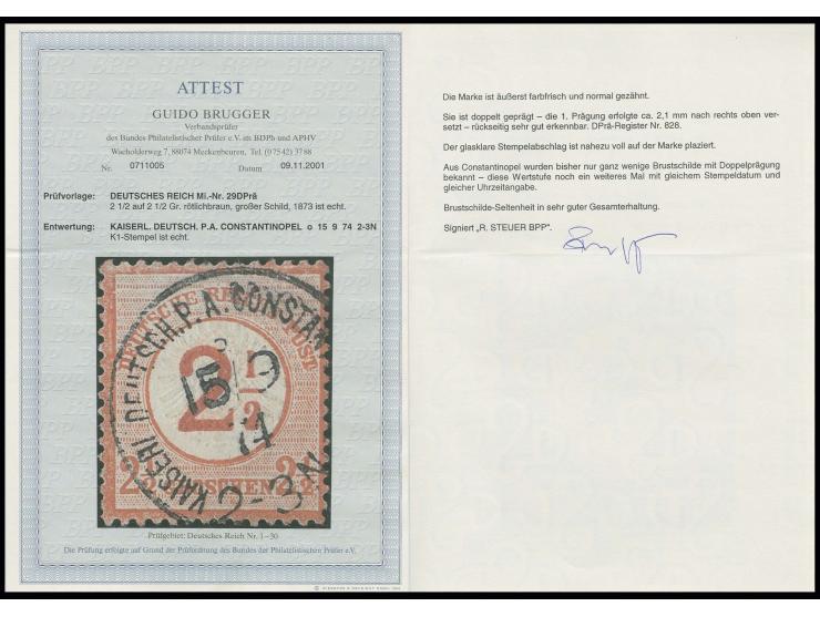 2½ auf 2½ Gr. braunorange mit klarem EKr. "KAISERL. DEUTSCH. P. A. CONSTANTINOPEL 15 9 74" mit um ca. 2,1 mm nach rechts oben