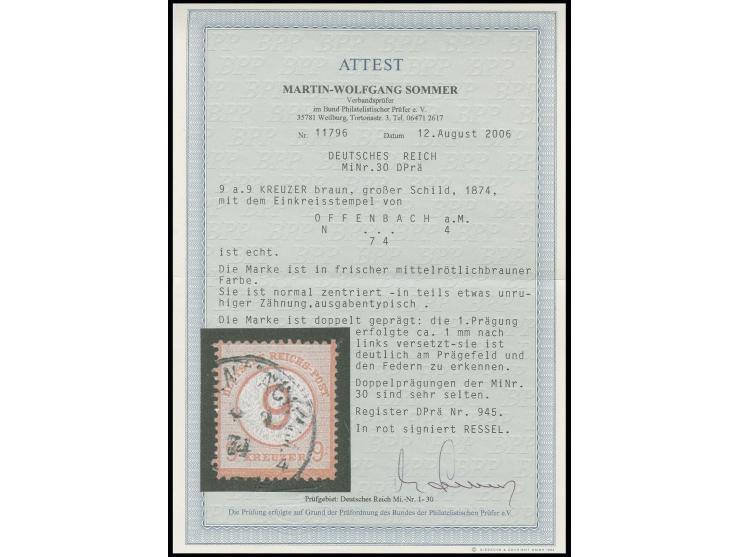 9 auf 9 Kr. braunorange mit EKr. "OFFENBACH A/M. 4 9 74" mit um ca. 1 mm nach links versetzter Doppelprägung, Register-Nr. 94