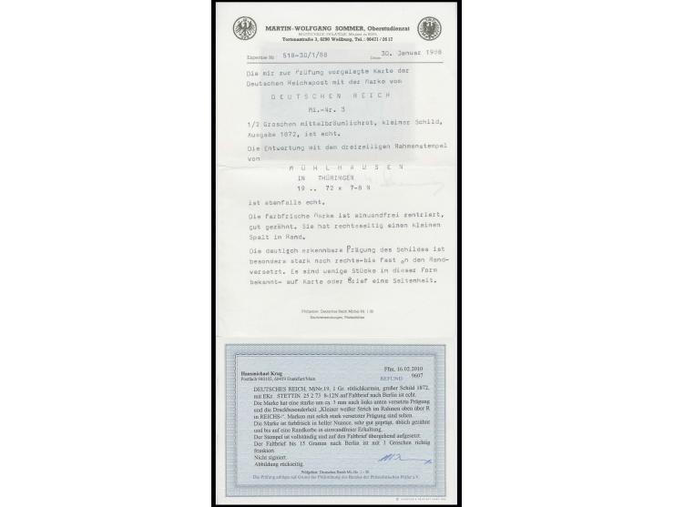 1/2 Gr. mittelbräunlichrot mit stark nach rechts versetzter Prägung auf Postkarte von "MÜHLHAUSEN IN THÜRINGEN 19.7.72", dazu