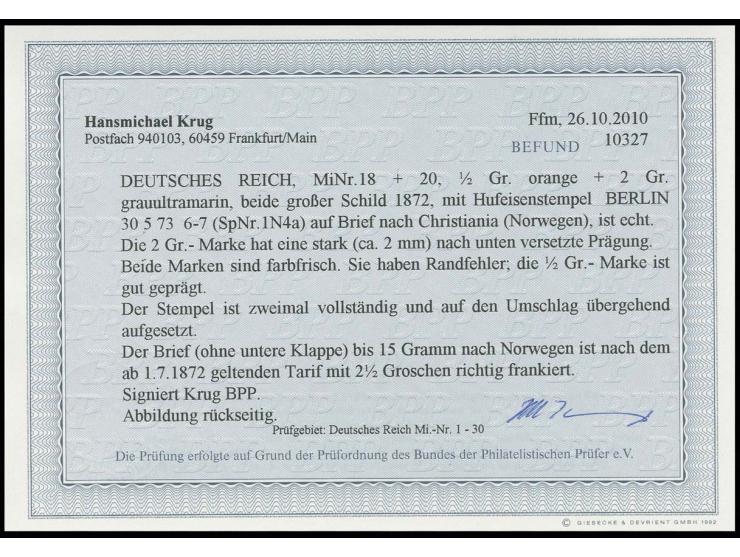 2 Gr. grauultramarin mit um 2 mm nach unten versetzte Prägung und 1/2 Gr. orange als portogerechte Frankatur auf Brief von "B