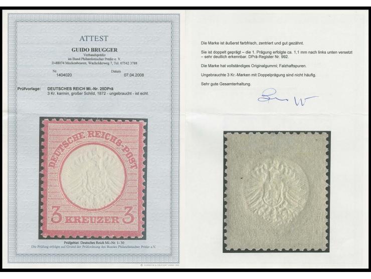 3 Kr. karmin, ungebraucht mit um ca. 1,1 mm nach links unten versetzter Doppelprägung, Register-Nr. 992, Kabinett, Fotoattest