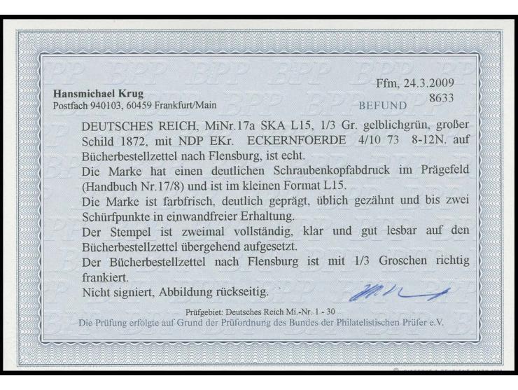 1/3 Gr. gelblichgrün mit EKr. "ECKERNFOERDE 4/10 73" auf Bücherbestellzettel mit deutlichem Schraubenkopfabdruck im Prägefeld