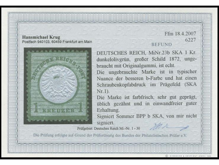 1 Kr. dunkelolivgrün, ungebraucht mit deutlichem Schraubenkopfabdruck im Prägefeld, Kabinett, sign. Sommer BPP und Fotobefund