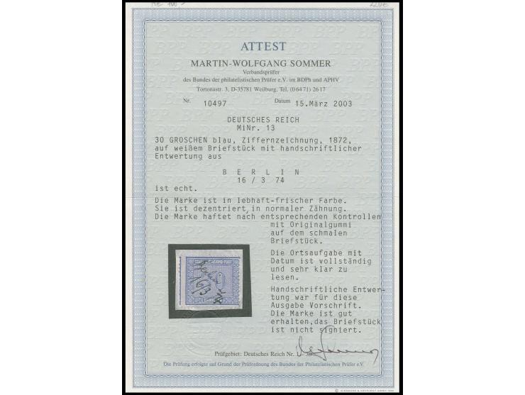 30 Gr. grauultramarin mit vorschriftsgemäßer handschriftlicher Federzugentwertung "Berlin 16/3 74" auf Briefstück mit ca. 2 m