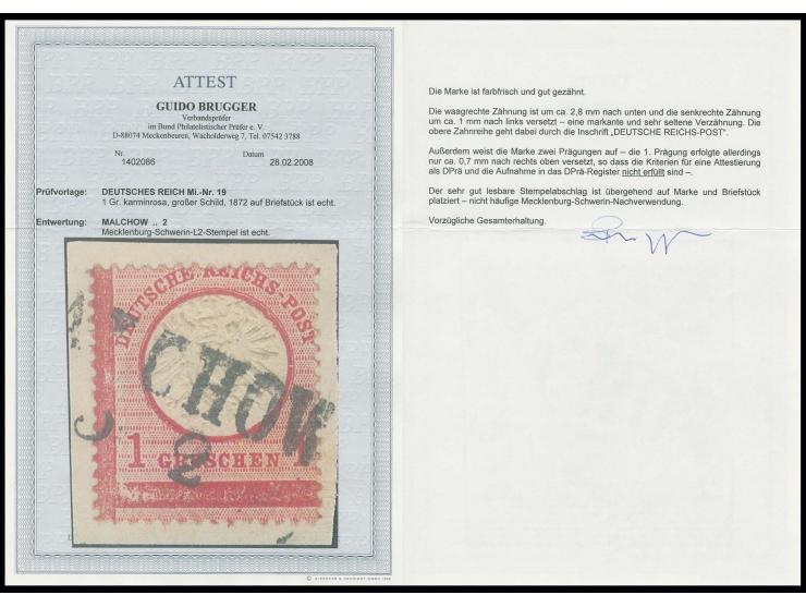 1 Gr. karmin mit vertikal ca. 2,8 mm nach unten versetzter Zähnung mit dem seltenen Mecklenburg-Schwerin-Ra2 "MALCHOW / .. 2"