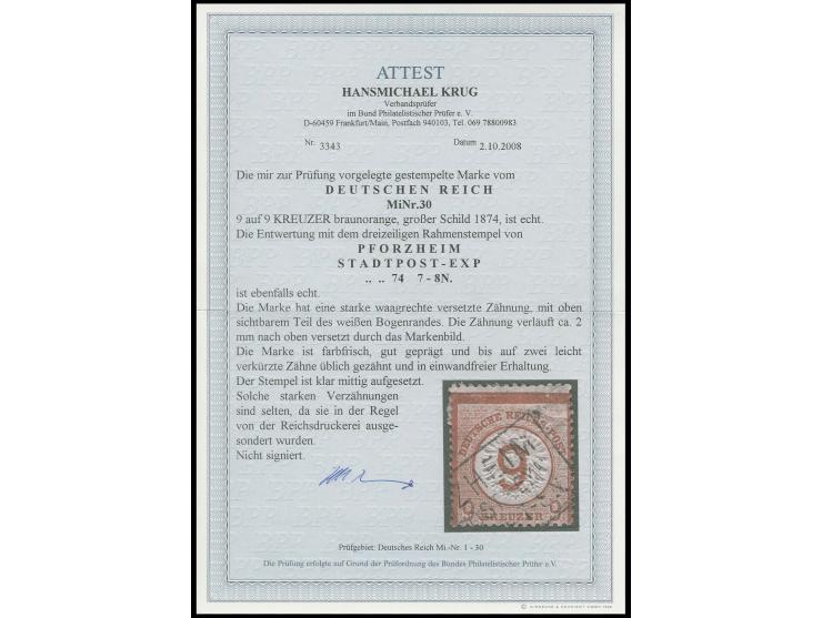 9 auf 9 Kr. braunorange mit Ra3 "PFORZHEIM / POST-EXP / ... 74" mit stark horizontal versetzter Zähnung ca. 2 mm nach oben ve