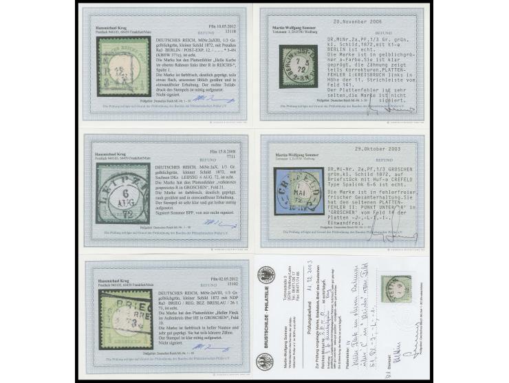 Plattenfehler: 1/3 Gr. gelblichgrün und smaragdgrün, Partie mit 6 verschiedenen Plattenfehlern (I, II, IV in der b-Farbe, VII