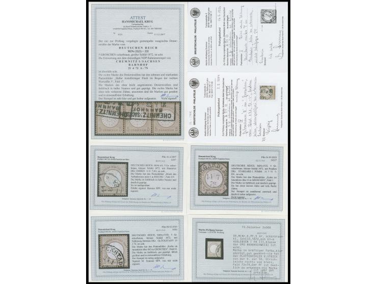 Plattenfehler: 5 Gr. ockerbraun, Partie mit 8 gestempelten Marken mit Plattenfehlern, alle signiert bzw. mit Fotobefund/Attes