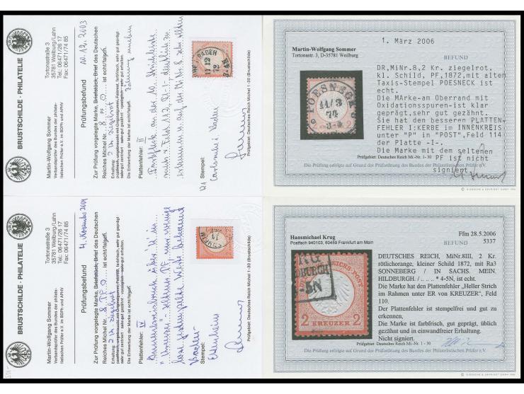 Plattenfehler: 2 Kr.  ziegelrot, Partie mit 4 verschiedenen Plattenfehlern (Mi.-Nr. 8 I-IV), gestempelt, alle mit Fotobefund,