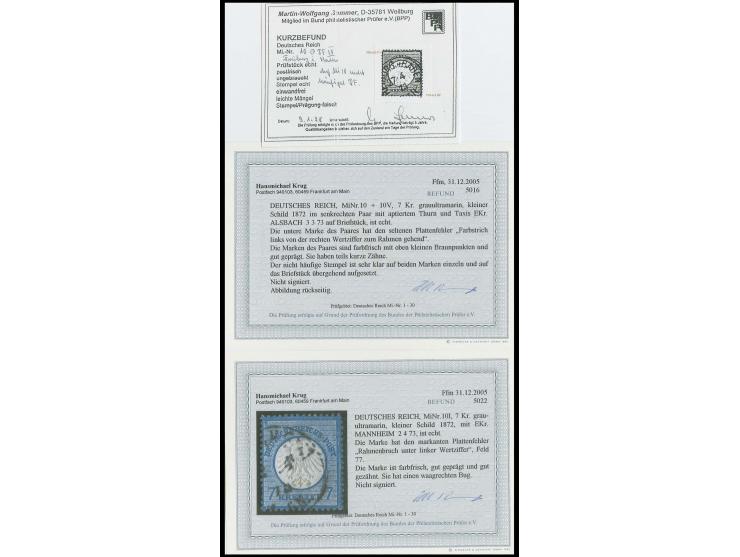 Plattenfehler: 7 Kr.. grauultramarin, Partie mit 4 verschiedenen Plattenfehlern (Mi.-Nr. 10 I, IV,V und VI), gestempelt, alle