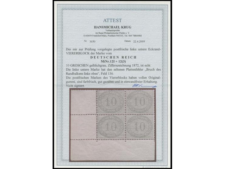 10 Gr. gelblichgrau, postfrischer linker unterer Eckrand-4er-Block, dabei auf Feld 136 der seltene Plattenfehler 'Bruch des R