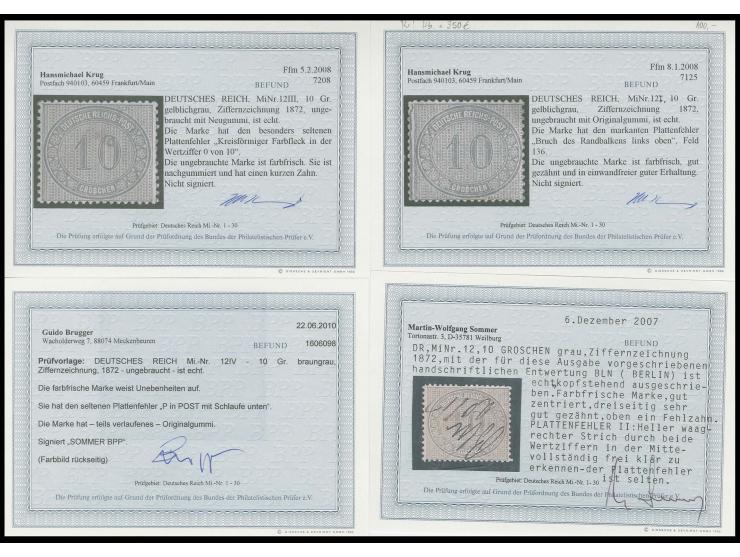 10 Gr. gelblichgrau, alle 4 Plattenfehler kpl. ungebraucht bzw. II mit vorgeschriebener handschriftlicher Entwertung (Zahnfeh