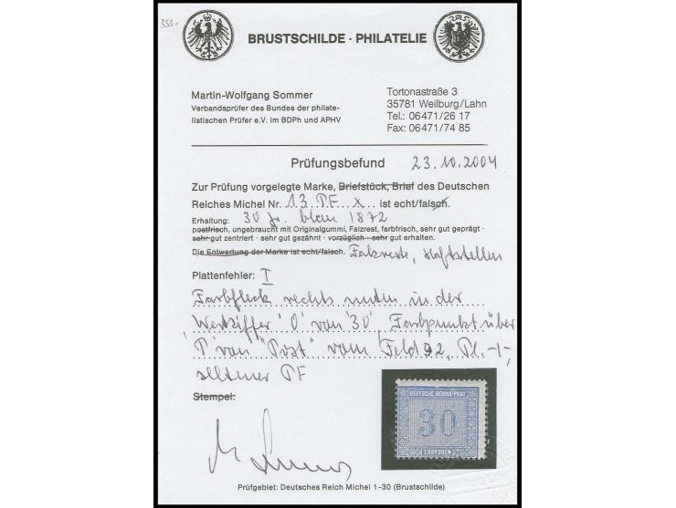30 Gr. grauultramarin mit seltenem Plattenfehler 'Farbfleck rechts unten in der Wertziffer '0' von 30', Feld 92, ungebraucht,