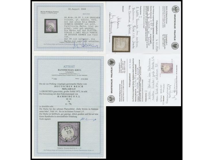 Plattenfehler: 1/4 Gr. violett, 3 Marken mit Plattenfehler I und II (2 Einzelwerte im Format L15 und L16), dazu Mi.-Nr. 1 I, 