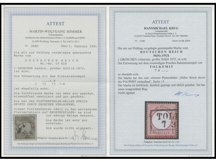 1 Gr. karmin, 2 Einzelstücke mit Plattenfehler "Heller Strich rechts durch GROSCHEN verlaufend" und "Heller Strich durch das 