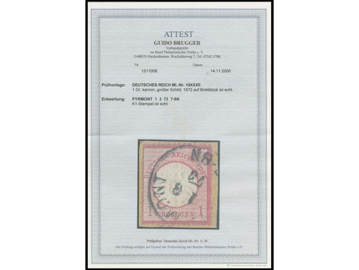 1 Gr. karmin mit Plattenfehler "Kreisbruch unter E in Reichs-" und Stempel "PYRMONT 1.3.73" auf Briefstück, Kabinett, selten,