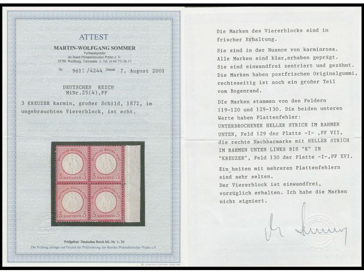 3 Kr. karmin, postfrischer rechter Rand-4er-Block, dabei die beiden unteren Marken mit Plattenfehler 'unterbrochener heller S