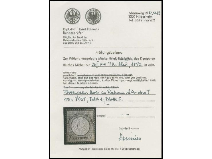 7 Kr. ultramarin mit seltenem Plattenfehler 'Kerbe im Rahmen rechts über T in POST', Feld 1, leichte Patina, sign. und Befund