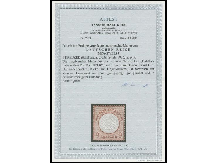9 Kr. rötlichbraun mit Plattenfehler 'Farbfleck unter erstem R in KREUZER', Feld 1, ungebraucht, kleiner Braunpunkt im Rand, 