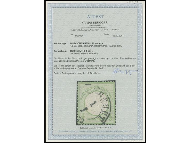 1/3 Gr. gelblichgrün mit Sachsen-DKr. "HERRNHUT 1 I 72", seltener Ersttagsstempel, in der Zähnung nicht ganz perfekt, Fotoatt