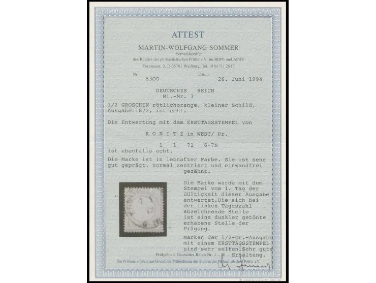½ Gr. rötlichorange mit Ersttagsstempel "KONITZ 1 1 72", Kabinett, Fotoattest Sommer BPP