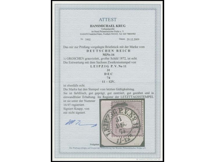 ¼ Gr. grauviolett mit Sachsen DKr. "LEIPZIG P. V. No 11 31 DEC 74" auf Briefstück, sehr schöner Letzttagsstempel, Kabinett, F