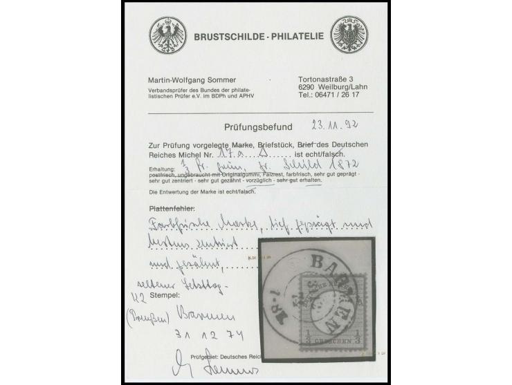 1/3 Gr. grün mit klarem Letzttag-DKr. "BARMEN 31.12.74" auf Briefstück, Kabinett, Fotobefund Sommer BPP